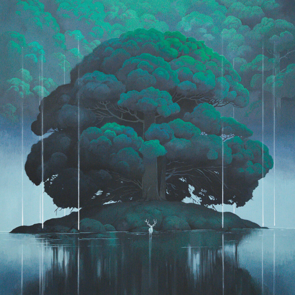 "The Connection" - A monumental green tree painting featuring flowing water, peaceful landscape, white deer, art by Agnieszka Zabrodzka, acrylic on canvas 39.4 x 39.4 inches.