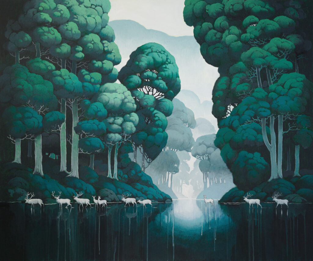 "On the Way" - Contemporary green painting of a forest path and flowing water with a herd of white deer, soothing landscape art by Agnieszka Zabrodzka, acrylic on canvas 39.4 x 47.2 inches.