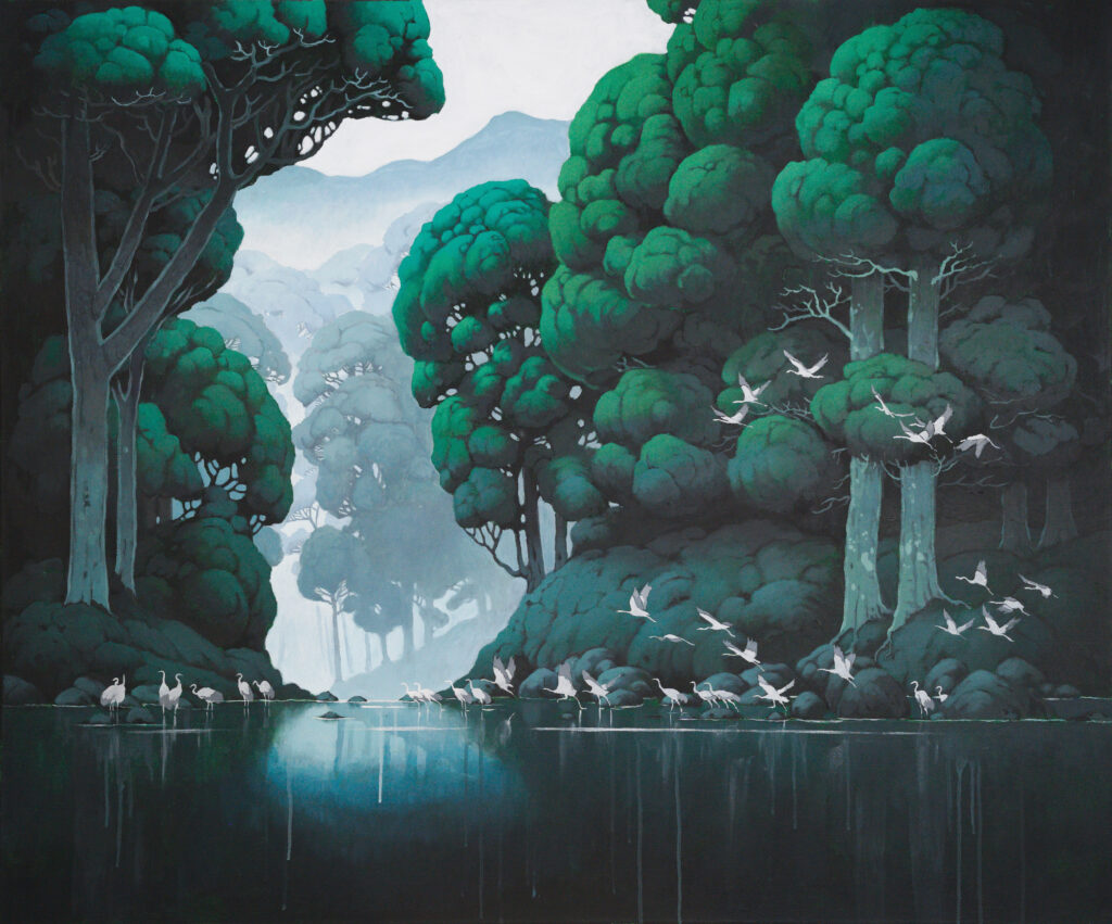 "The Flow" - Calming nature painting depicting the gentle flow of water in a serene lake, a flock of white cranes by Agnieszka Zabrodzka, acrylic on canvas 39.4 x 47.2 inches.