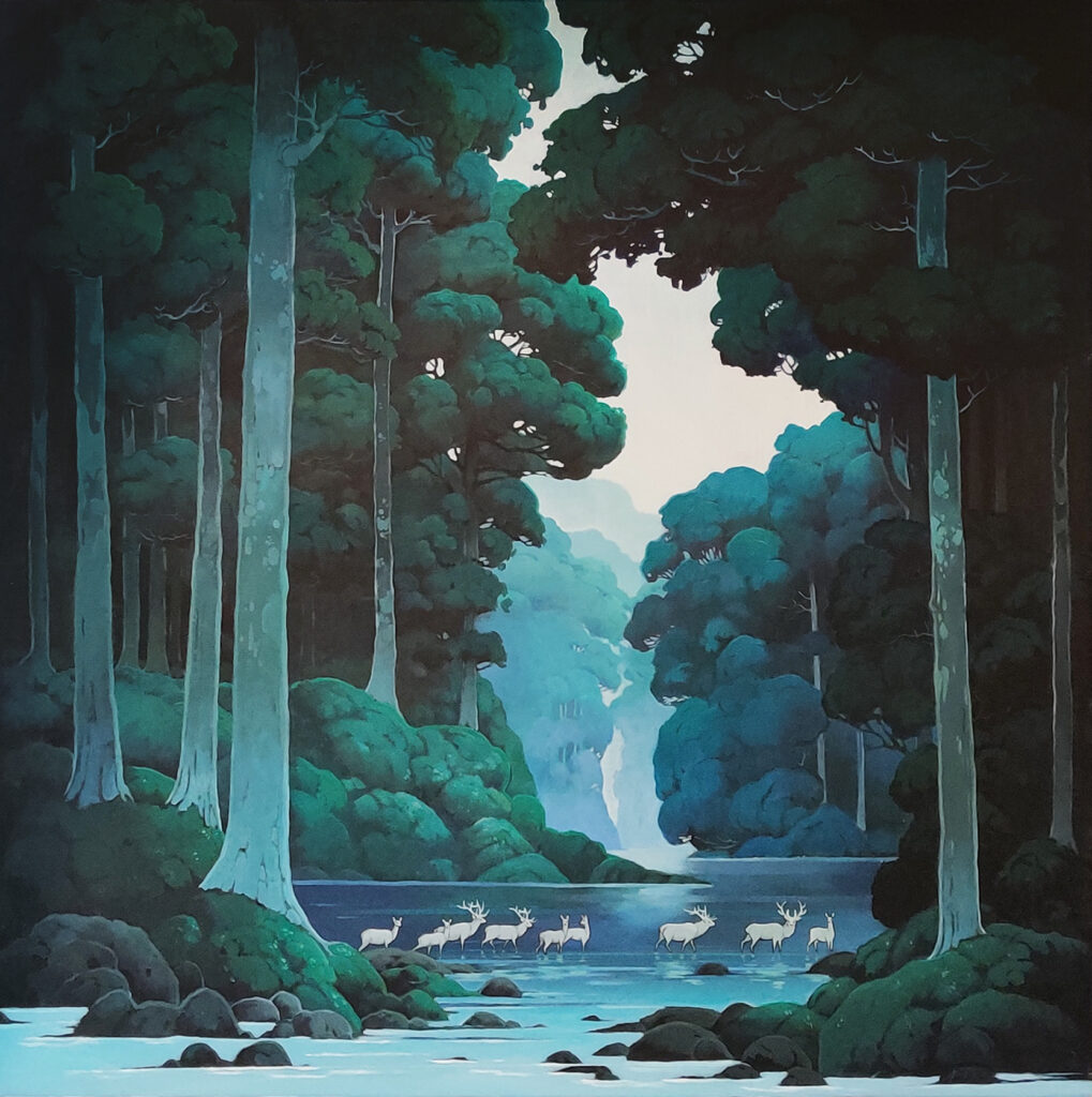 • Tag ALT: "In Procession" - Majestic woodland art featuring a retinue of white deer among ancient trees, green landscape painting by Agnieszka Zabrodzka, acrylic on canvas 39.4 x 39.4 inches.