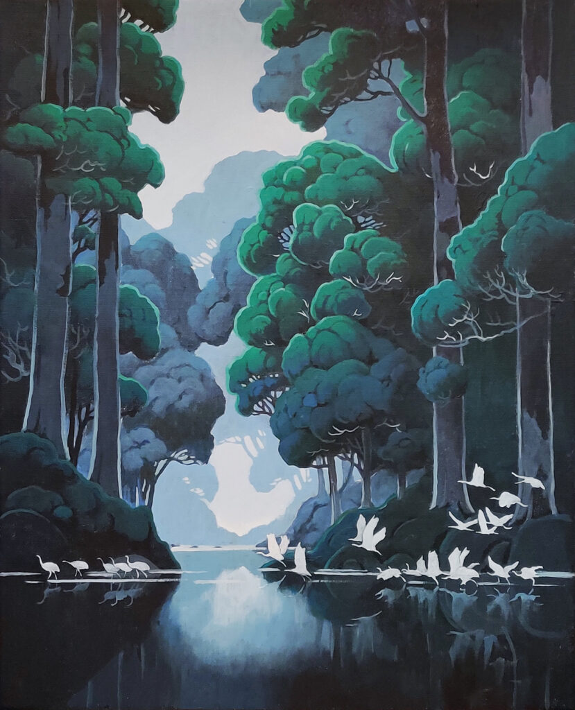 " Rising" - Dynamic yet peaceful landscape painting of white birds taking flight over water, by Agnieszka Zabrodzka, acrylic on canvas 23.6 x 19.7 inches.