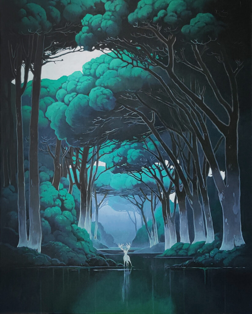 " In Between" - A peaceful green forest painting showing a tranquil passage through majestic trees, by Agnieszka Zabrodzka, acrylic on canvas 47.2 x 39.4 inches.