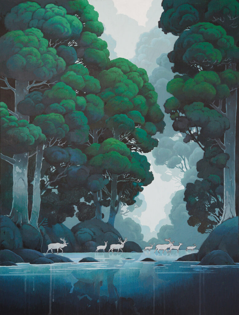 "Among the Trees" - Calming woodland art depicting majestic nature and trees, white deers, contemporary green painting by Agnieszka Zabrodzka, acrylic on canvas 31.5 x 23.6 inches.