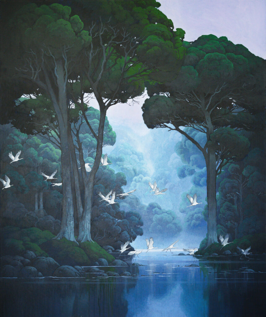 "The Flight" - Peaceful landscape painting featuring white cranes taking flight over a tranquil lake, by Agnieszka Zabrodzka, acrylic on canvas 47.2 x 39.4 inches.