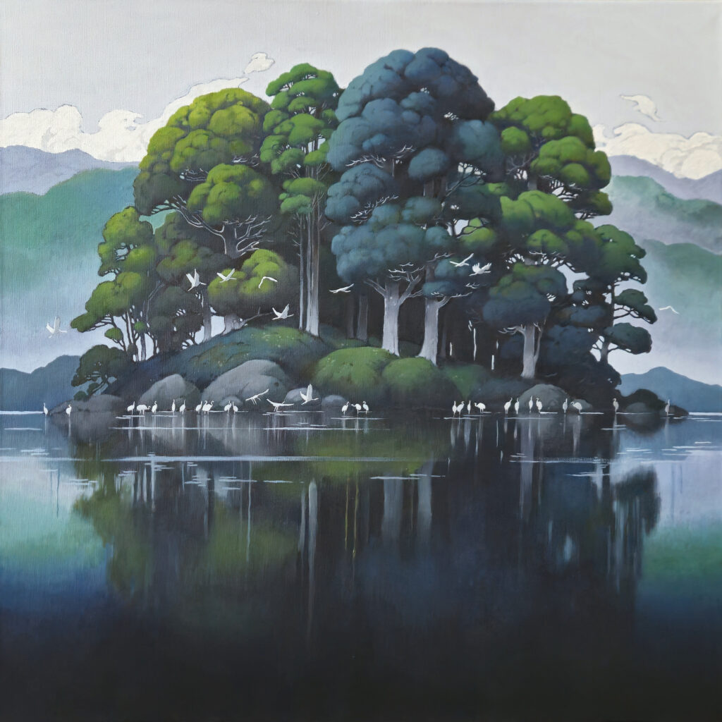 "Island of Dawn" - Calming water reflection painting of a peaceful lake at dawn, white cranes in the water, serene landscape art by Agnieszka Zabrodzka, acrylic on canvas 31.5 x 31.5 inches.