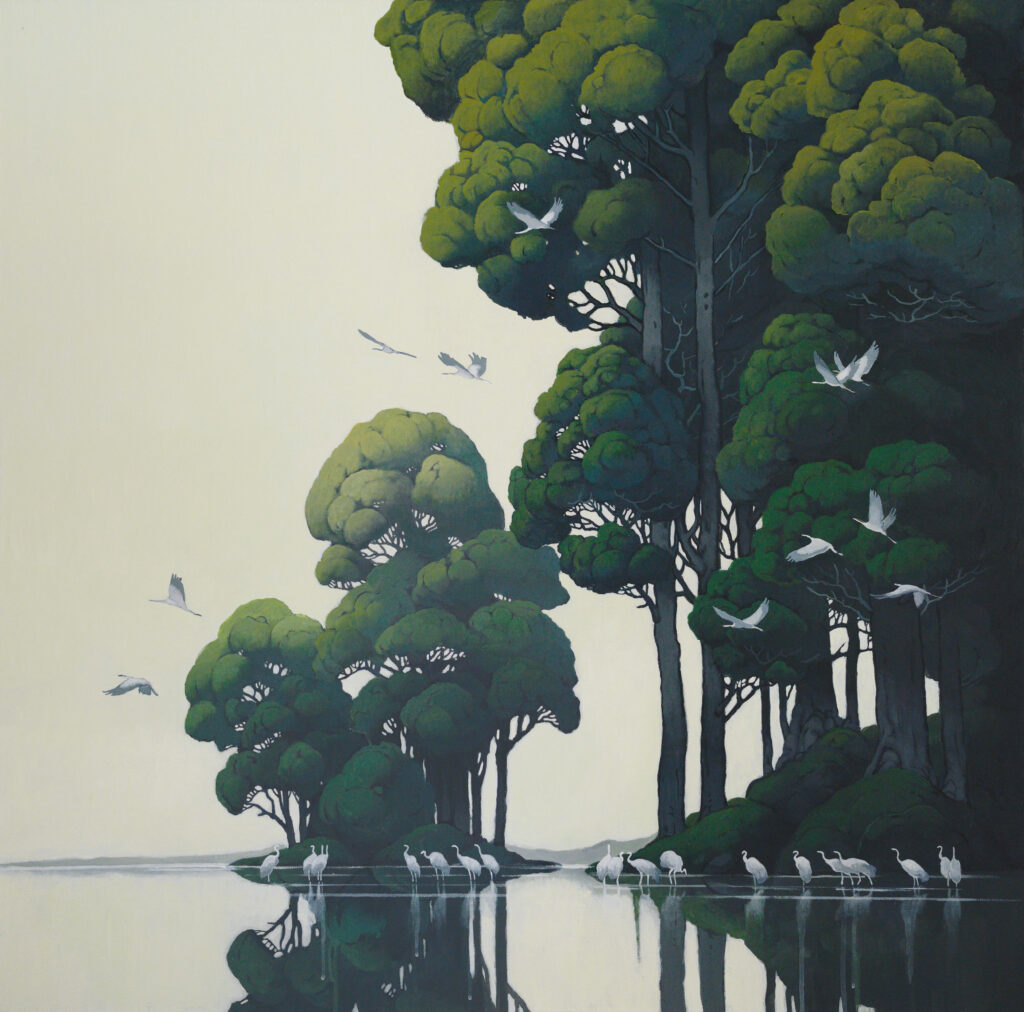 "After the Storm" - Peaceful deep green landscape painting capturing the calm nature after rain, white cranes in the water by Agnieszka Zabrodzka, acrylic on canvas 39.4 x 39.4 inches.