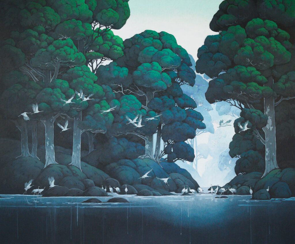 "The Parade" - Mystical forest painting featuring a majestic parade of white cranes, tranquil woodland art by Agnieszka Zabrodzka, acrylic on canvas 39.4 x 47.2 inches.