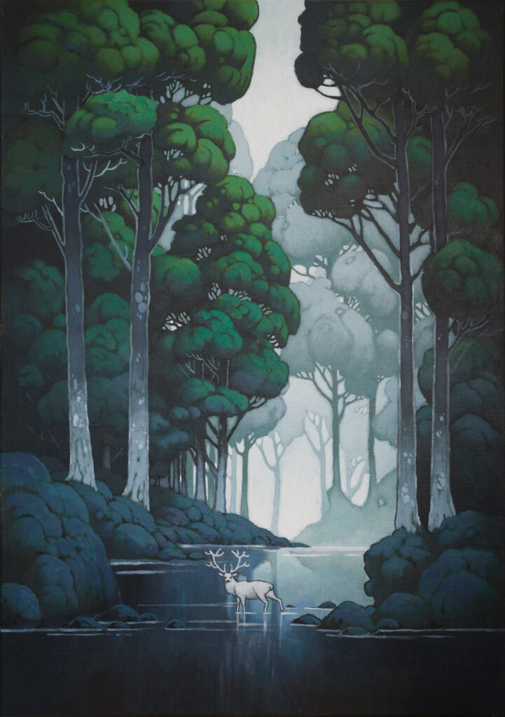 : "The Spirit" - Calming nature art portraying a spiritual white deer in a tranquil green forest, by Agnieszka Zabrodzka, acrylic on canvas 27.6 x 19.7 inches.