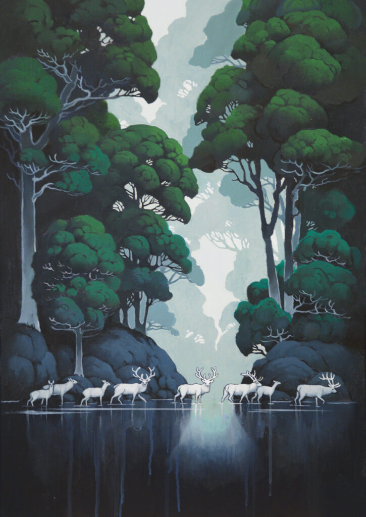 "Cortege" - Monumental green forest painting illustrating a peaceful procession of white deers in nature, by Agnieszka Zabrodzka, acrylic on canvas 27.6 x 19.7 inches.