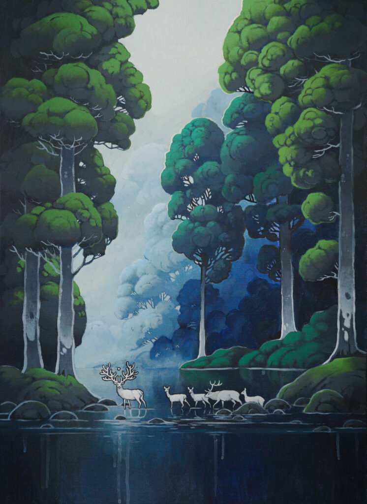 "Together" - Peaceful landscape painting of five white deers by the calming water, romantic nature art by Agnieszka Zabrodzka, acrylic on canvas 27.6 x 19.7 inches.